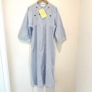 Stan Herman Zip Up Seersucker Robe Embroidered Mumu Womens Small Blue Striped